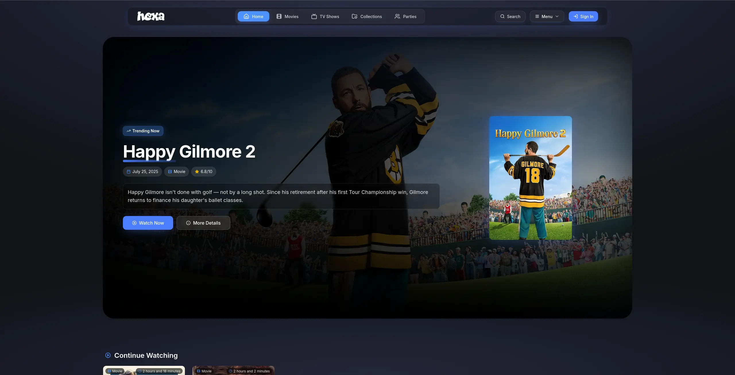 Page d'accueil du site de streaming  hexa - adresse officielle 2025
