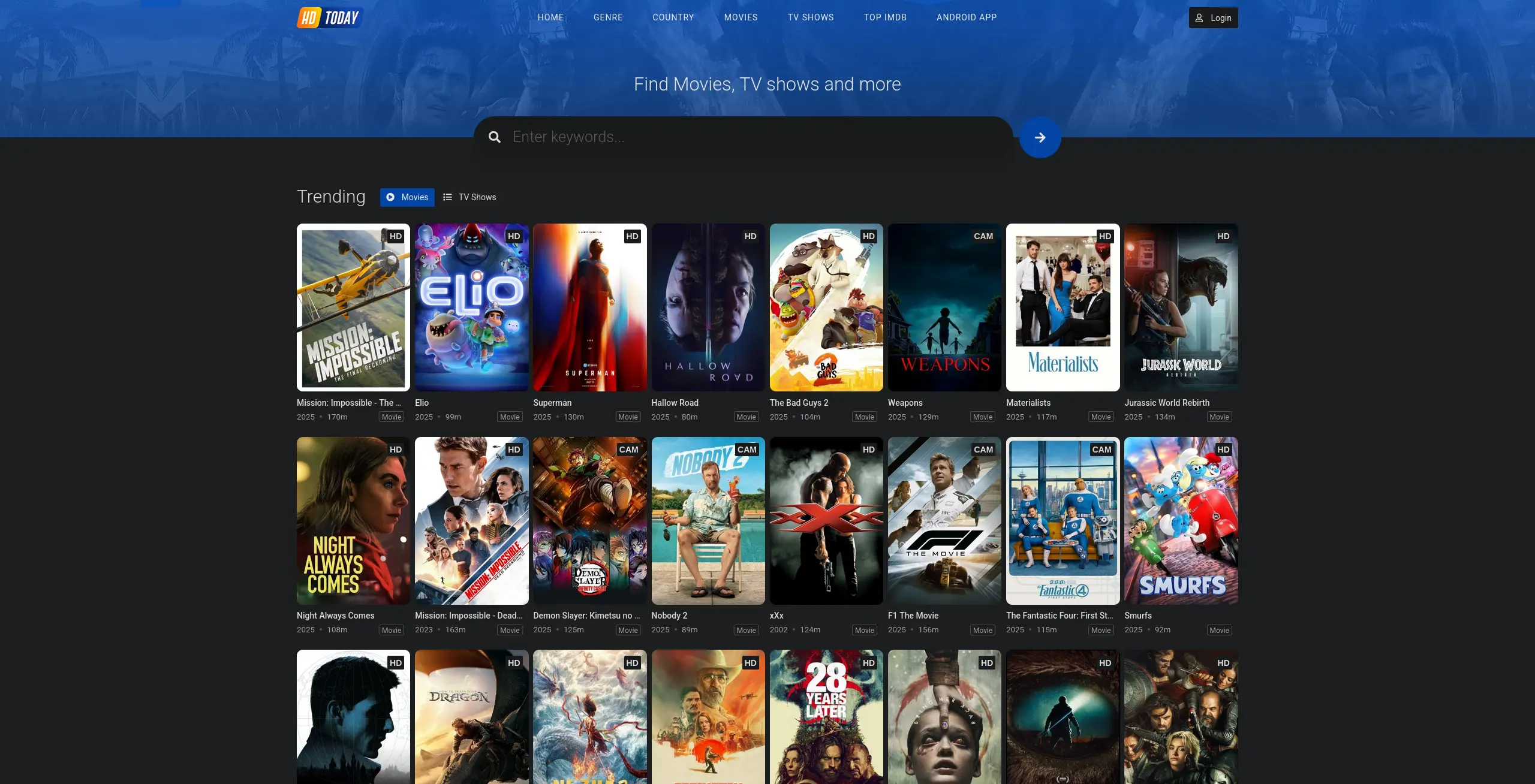 Page d'accueil du site de streaming  hdtodayz - adresse officielle 2025