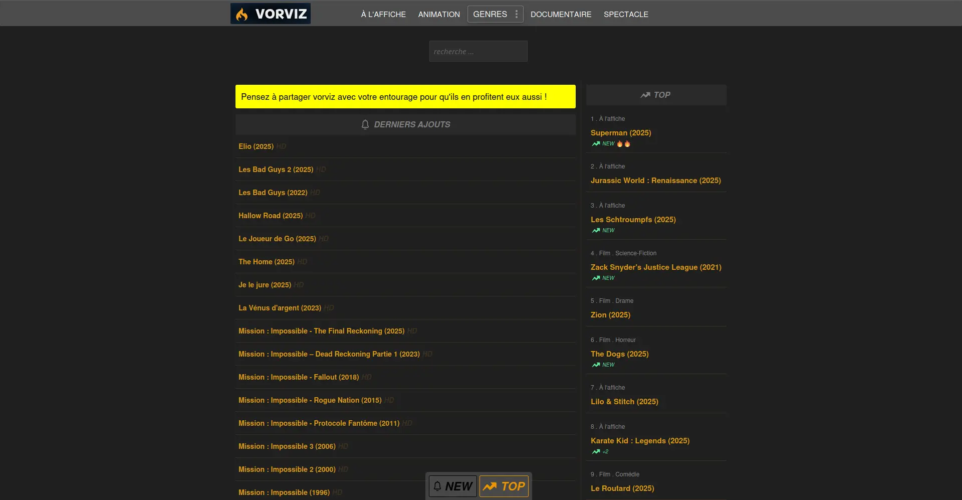 Page d'accueil du site de streaming  vorviz - adresse officielle 2025