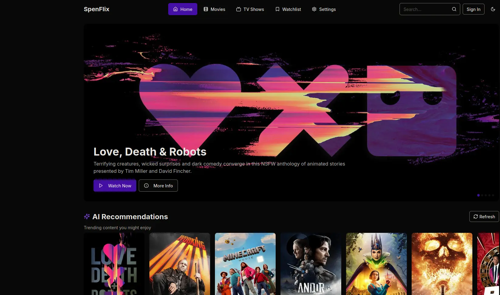 page d'accueil de SpenFlix