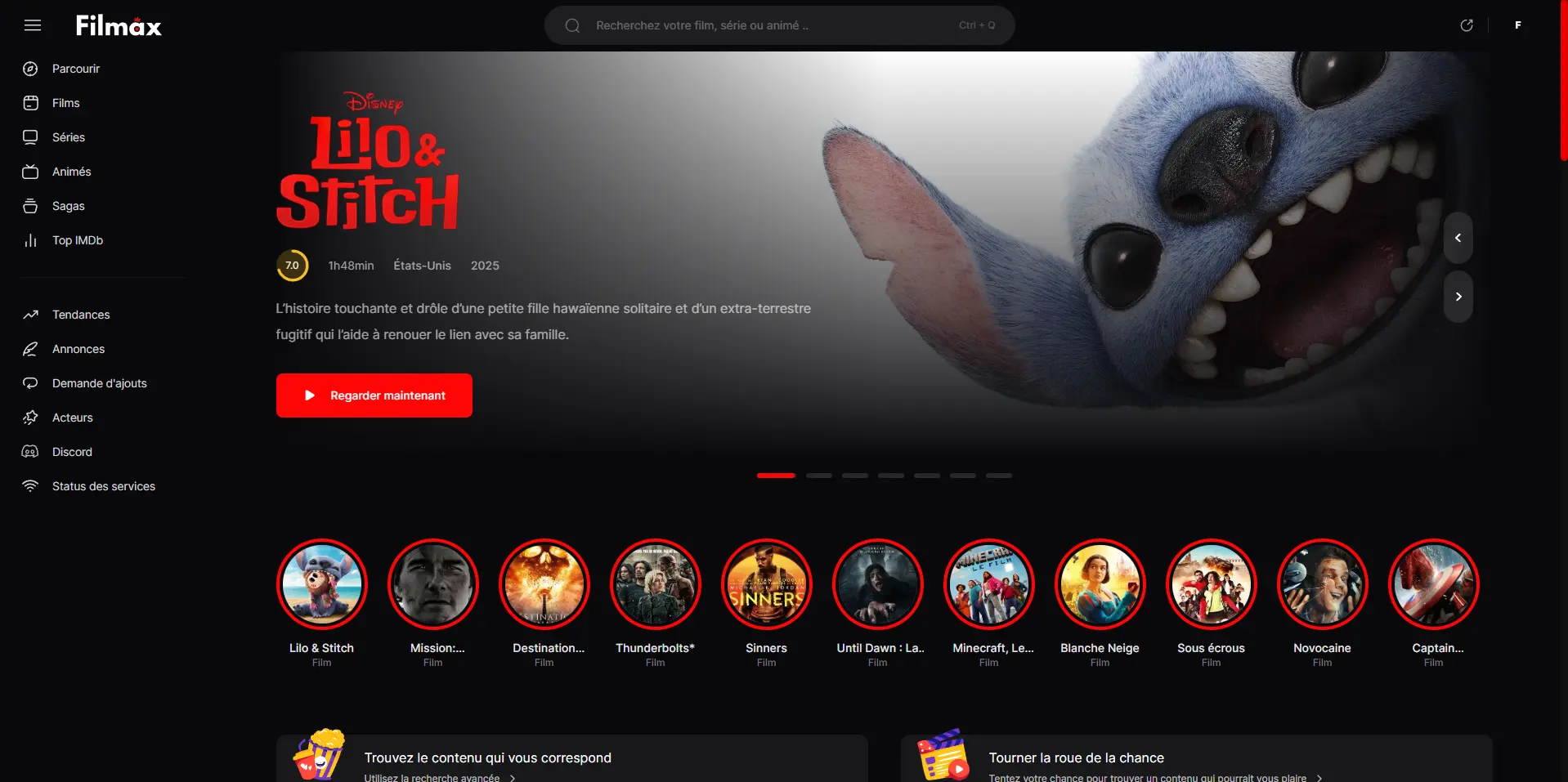 Page d'accueil de filmax 2025