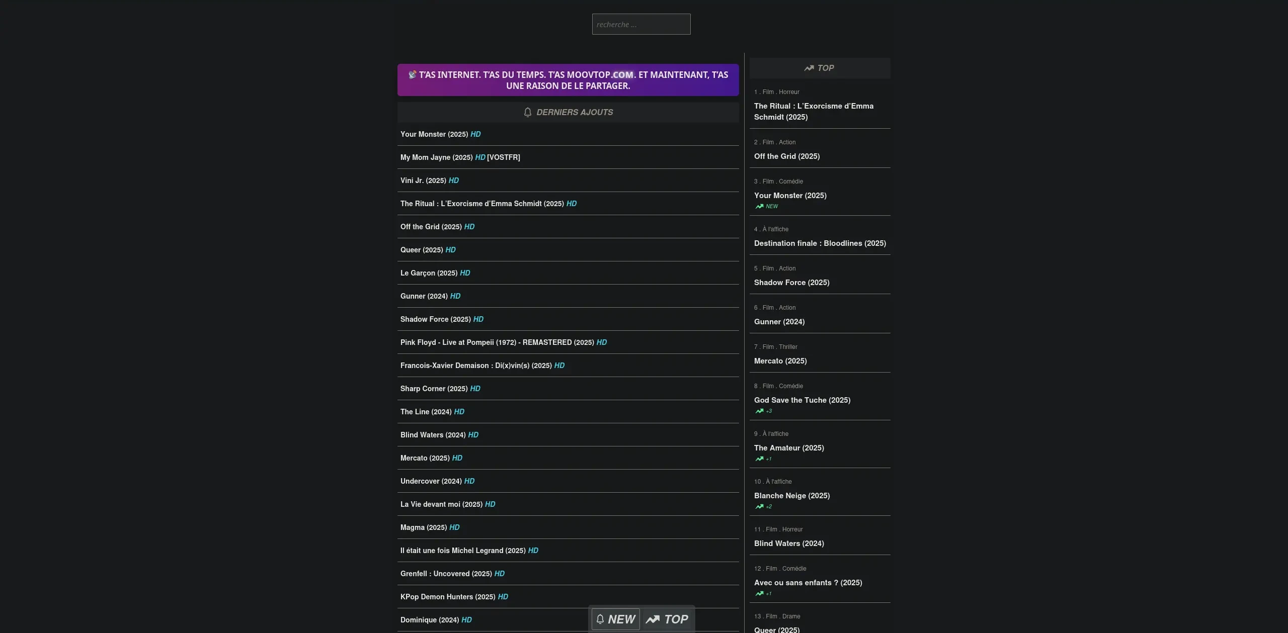 Page d'accueil du site de streaming  moovbob - adresse officielle 2025