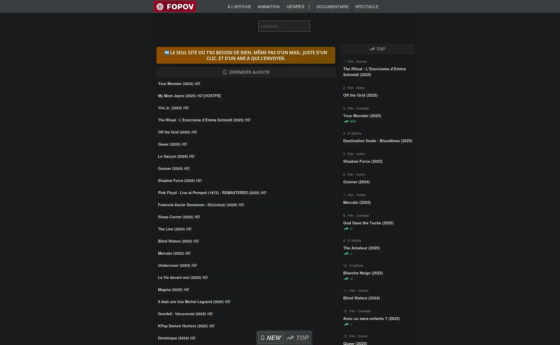 Page d'accueil du site de streaming  fopov - adresse officielle 2025