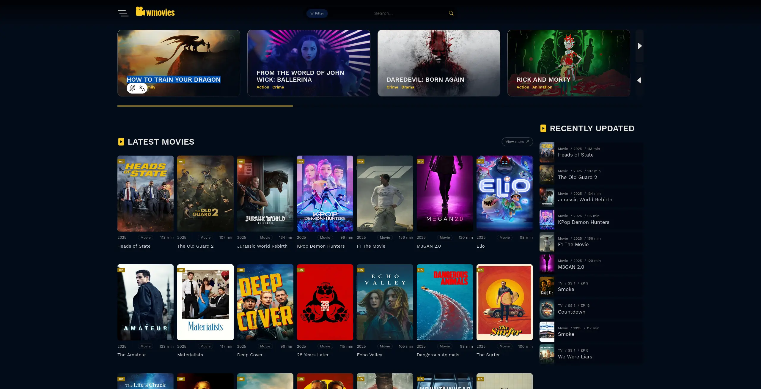 Page d'accueil du site de streaming  wmovies - adresse officielle 2025