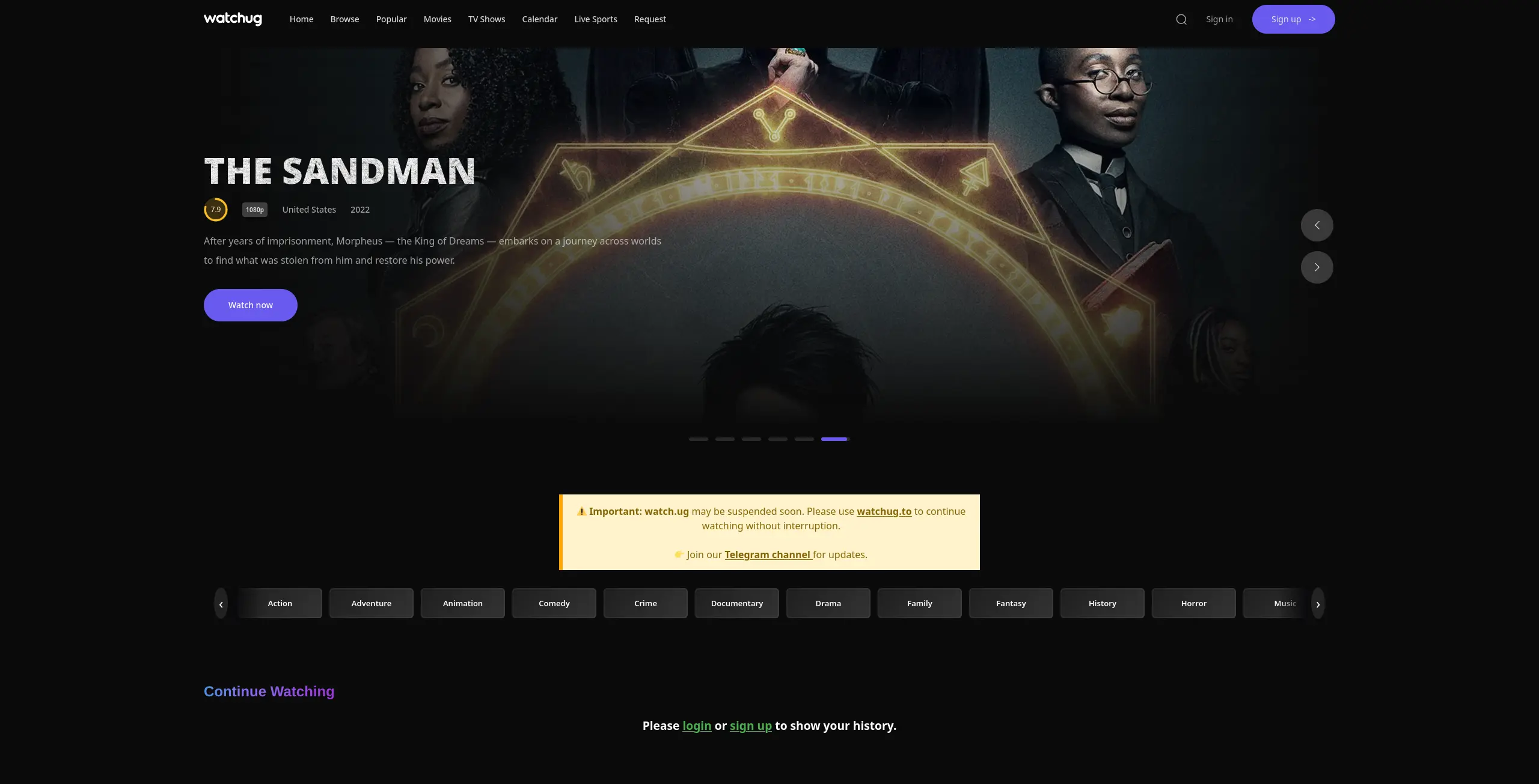 Page d'accueil du site de streaming  watchug - adresse officielle 2025