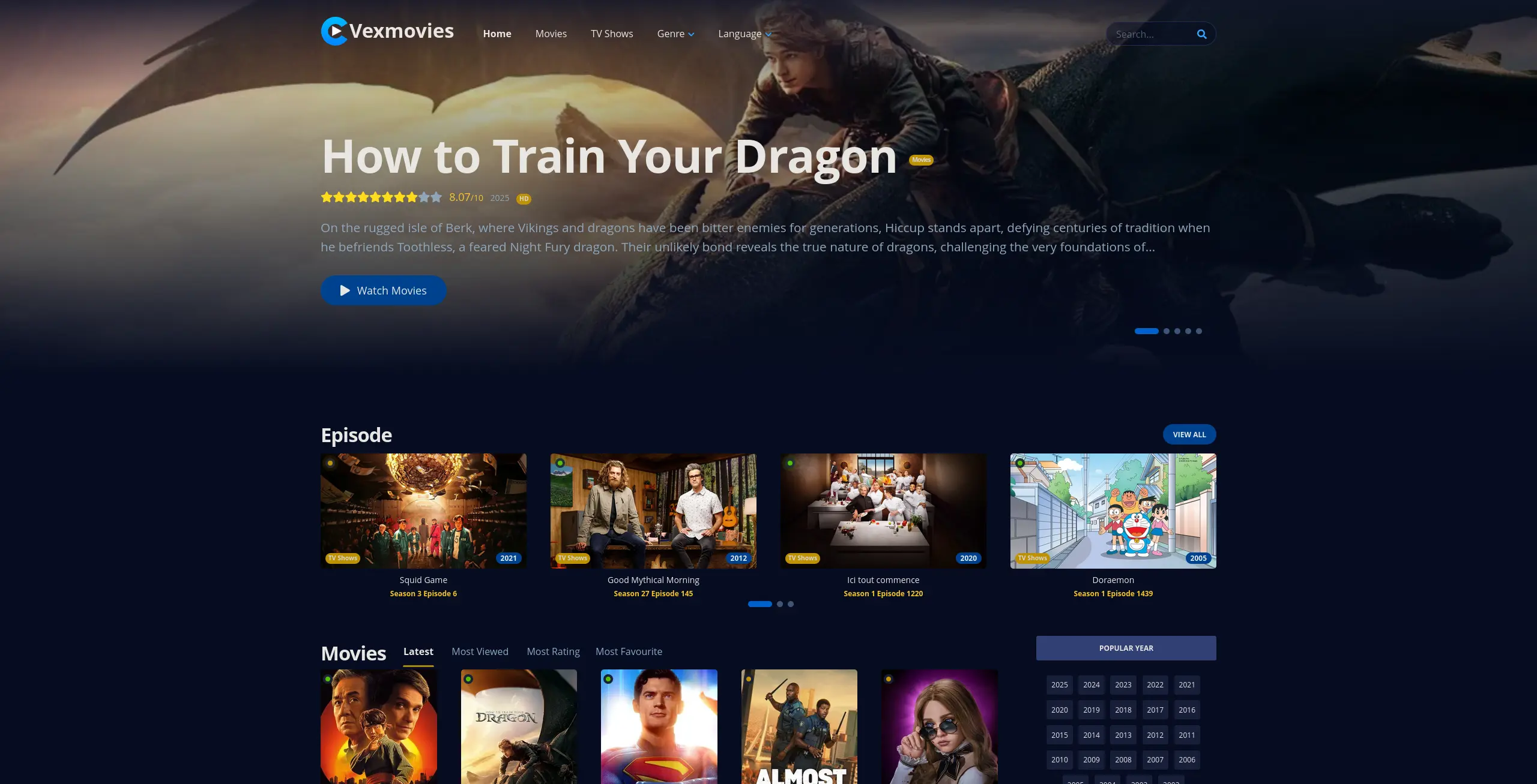 Page d'accueil du site de streaming  vexmovies - adresse officielle 2025